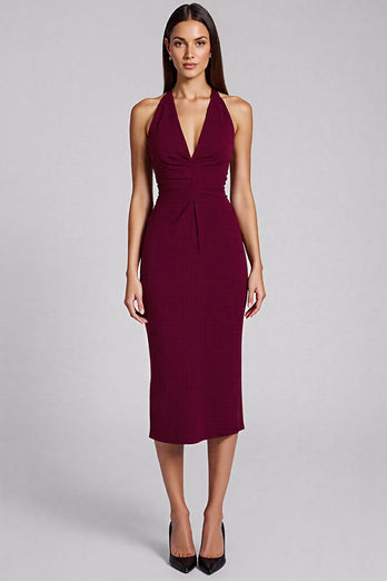 Schwarz Satin Bodycon Rückenfreie Midi Neckholder Cocktailkleid