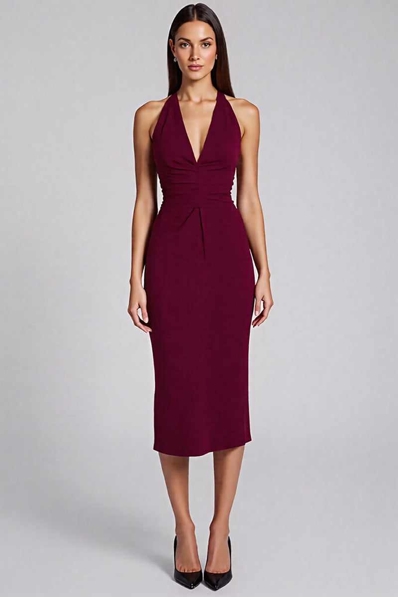 Laden Sie das Bild in den Galerie-Viewer, Schwarz Satin Bodycon Rückenfreie Midi Neckholder Cocktailkleid