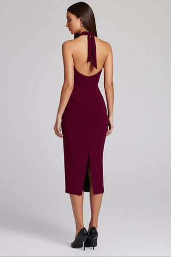 Schwarz Satin Bodycon Rückenfreie Midi Neckholder Cocktailkleid