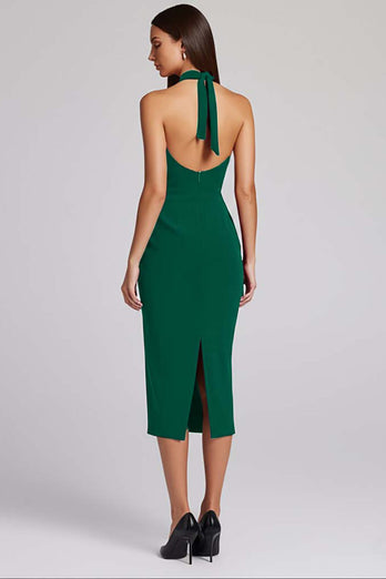 Schwarz Satin Bodycon Rückenfreie Midi Neckholder Cocktailkleid
