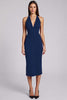 Laden Sie das Bild in den Galerie-Viewer, Schwarz Satin Bodycon Rückenfreie Midi Neckholder Cocktailkleid