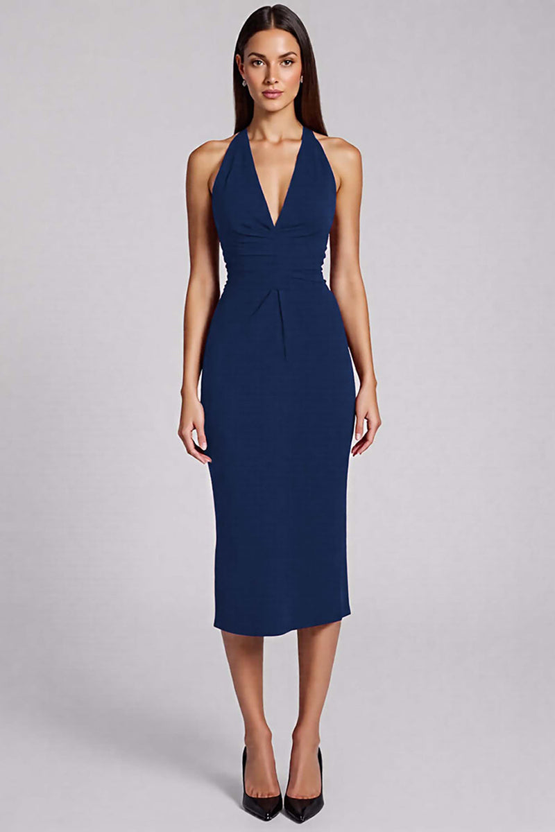 Laden Sie das Bild in den Galerie-Viewer, Schwarz Satin Bodycon Rückenfreie Midi Neckholder Cocktailkleid