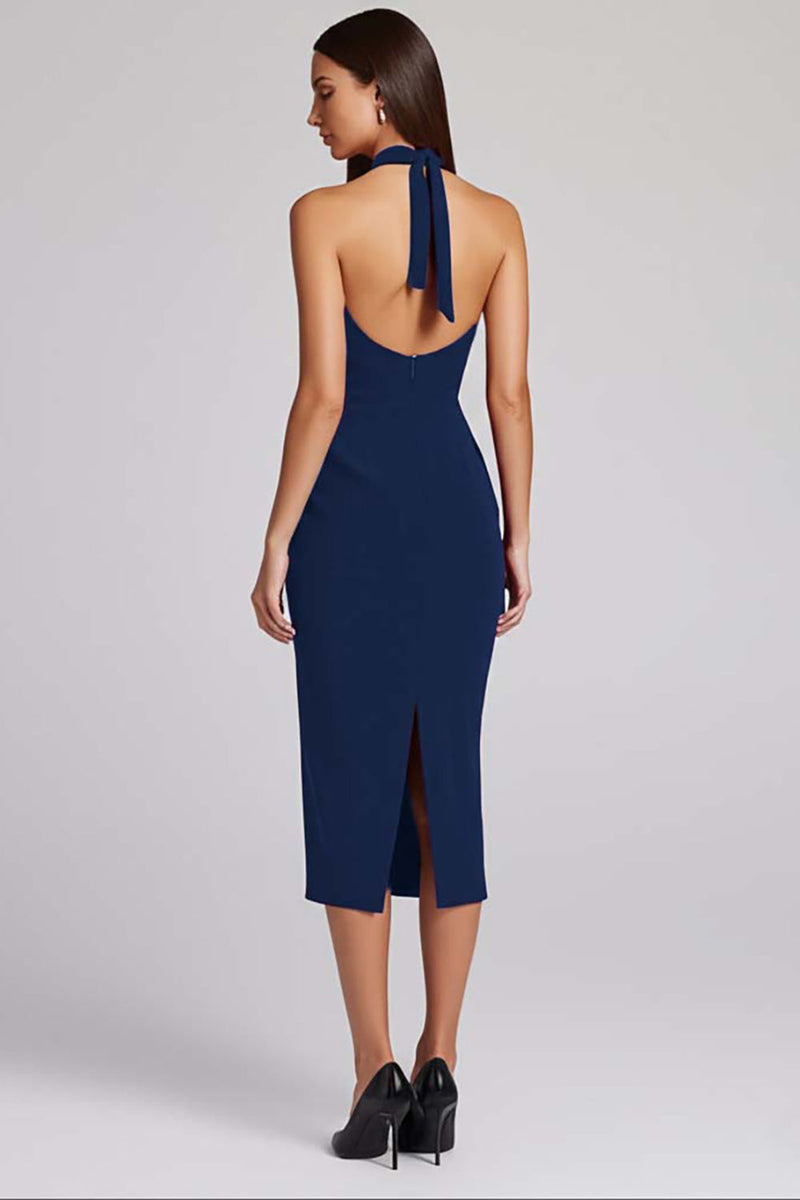 Laden Sie das Bild in den Galerie-Viewer, Schwarz Satin Bodycon Rückenfreie Midi Neckholder Cocktailkleid