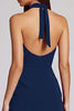Laden Sie das Bild in den Galerie-Viewer, Schwarz Satin Bodycon Rückenfreie Midi Neckholder Cocktailkleid