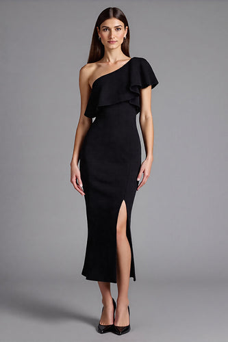 Satin Eine Schulter Lange Schwarz Krawattenkleid mit Schlitz