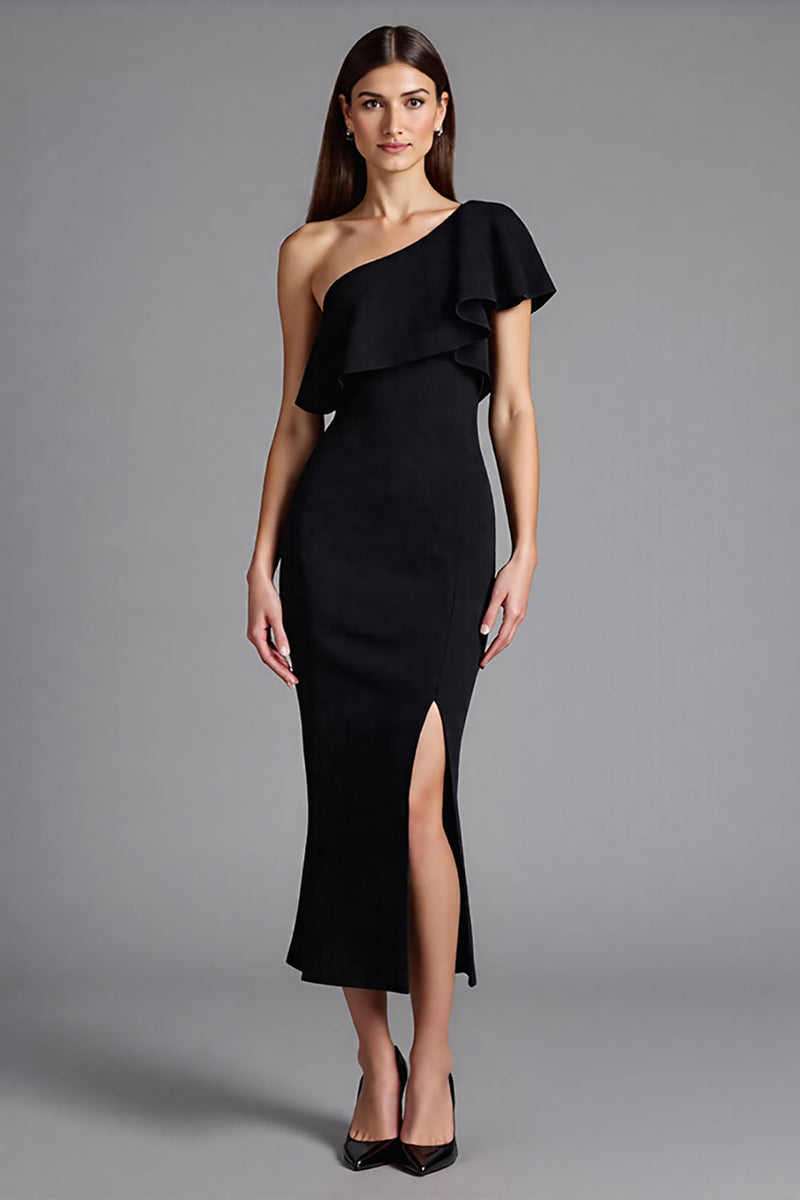 Laden Sie das Bild in den Galerie-Viewer, Satin Eine Schulter Lange Schwarz Krawattenkleid mit Schlitz