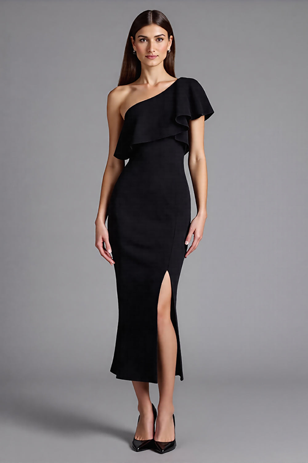 Satin Eine Schulter Lange Schwarz Krawattenkleid mit Schlitz