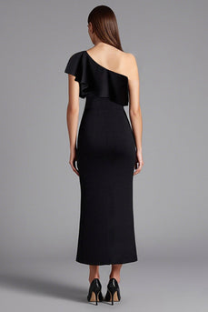 Satin Eine Schulter Lange Schwarz Krawattenkleid mit Schlitz
