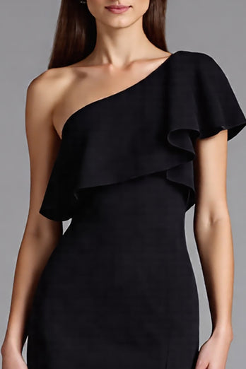 Satin Eine Schulter Lange Schwarz Krawattenkleid mit Schlitz