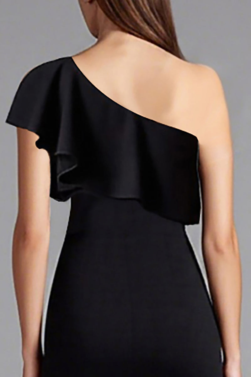 Laden Sie das Bild in den Galerie-Viewer, Satin Eine Schulter Lange Schwarz Krawattenkleid mit Schlitz