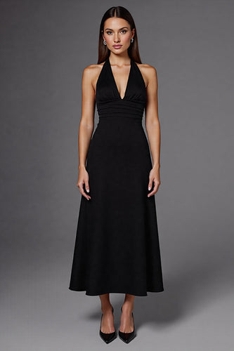 Neckholder Satin A Linie Rückenfreie Lange Schwarz Krawattenkleid
