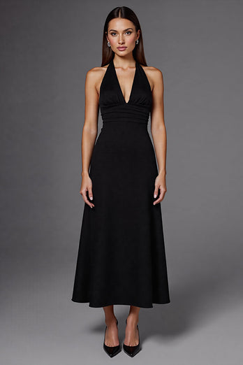 Neckholder Satin A Linie Rückenfreie Lange Schwarz Krawattenkleid