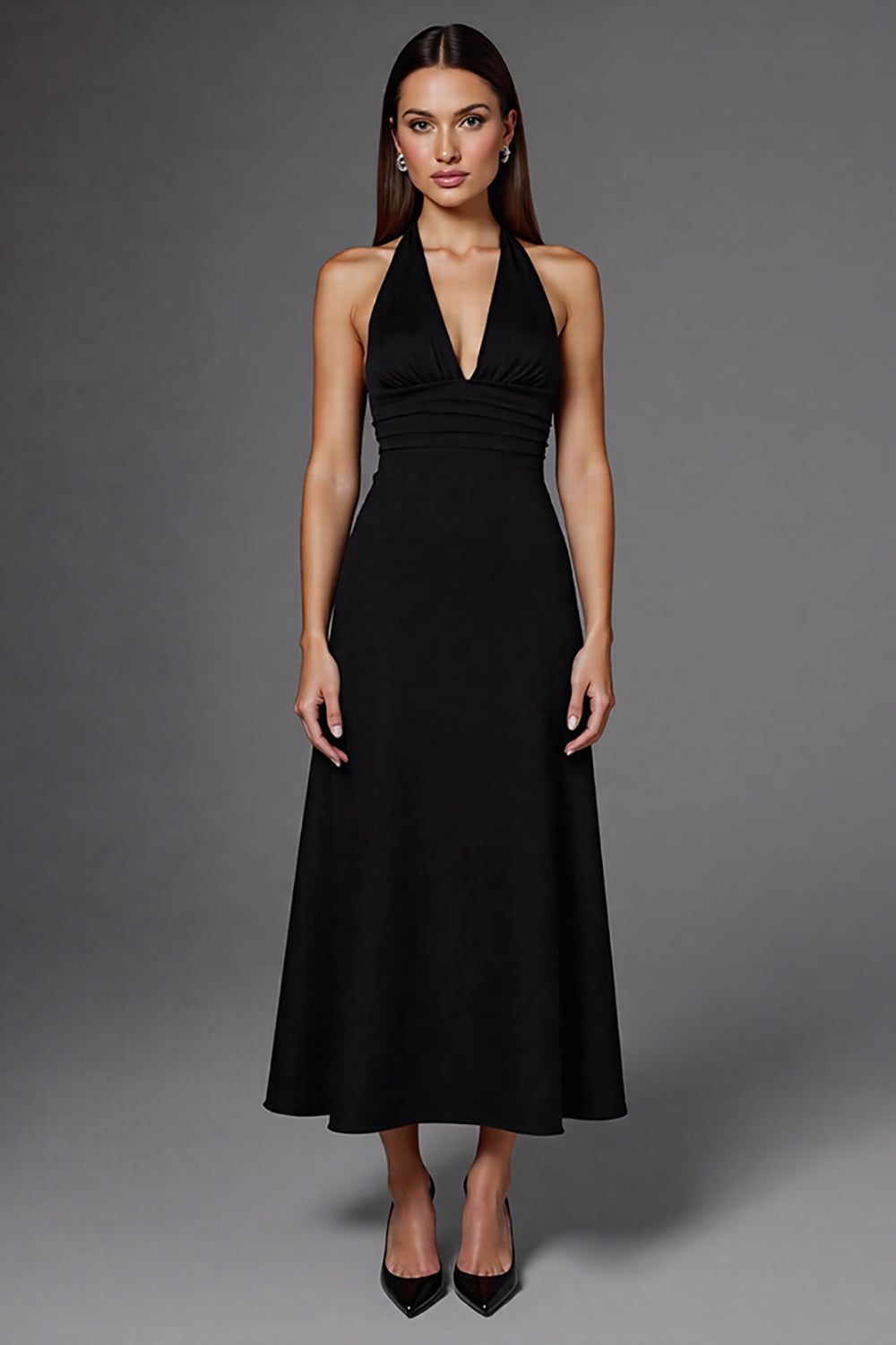 Neckholder Satin A Linie Rückenfreie Lange Schwarz Krawattenkleid