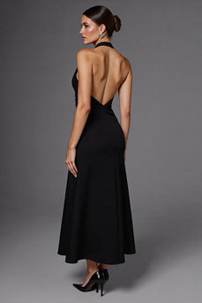 Neckholder Satin A Linie Rückenfreie Lange Schwarz Krawattenkleid