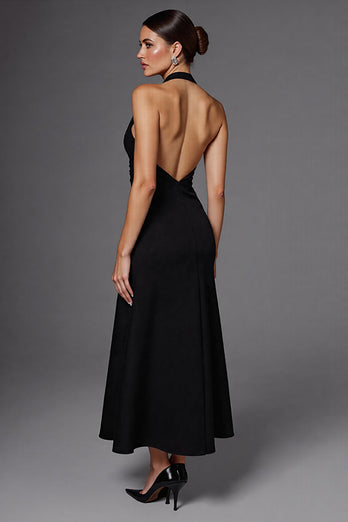Neckholder Satin A Linie Rückenfreie Lange Schwarz Krawattenkleid