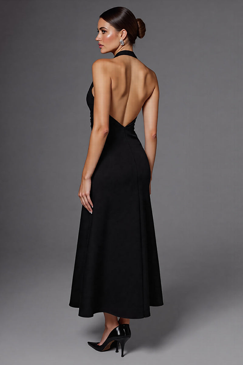 Laden Sie das Bild in den Galerie-Viewer, Neckholder Satin A Linie Rückenfreie Lange Schwarz Krawattenkleid