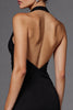 Laden Sie das Bild in den Galerie-Viewer, Neckholder Satin A Linie Rückenfreie Lange Schwarz Krawattenkleid