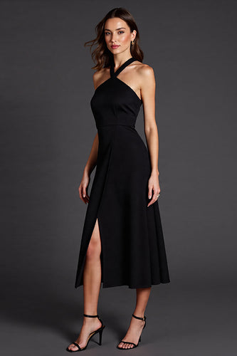 Schwarz Neckholder Satin A Linie Midi Formelle Kleid mit Schlitz