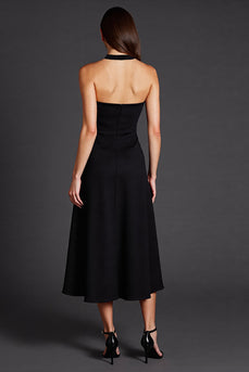 Schwarz Neckholder Satin A Linie Midi Formelle Kleid mit Schlitz