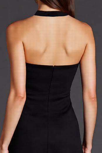 Schwarz Neckholder Satin A Linie Midi Formelle Kleid mit Schlitz