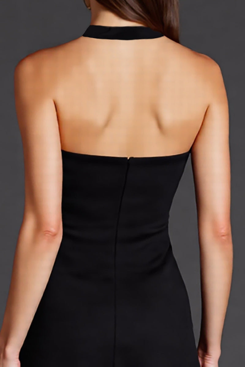 Laden Sie das Bild in den Galerie-Viewer, Schwarz Neckholder Satin A Linie Midi Formelle Kleid mit Schlitz