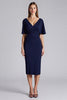 Laden Sie das Bild in den Galerie-Viewer, Marineblau Satin Bodycon V Ausschnitt Midi Formelle Kleid mit Rüschen