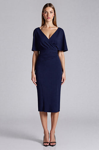 Marineblau Satin Bodycon V Ausschnitt Midi Formelle Kleid mit Rüschen