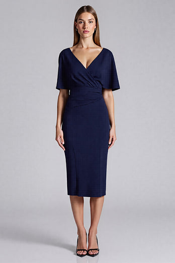 Marineblau Satin Bodycon V Ausschnitt Midi Formelle Kleid mit Rüschen