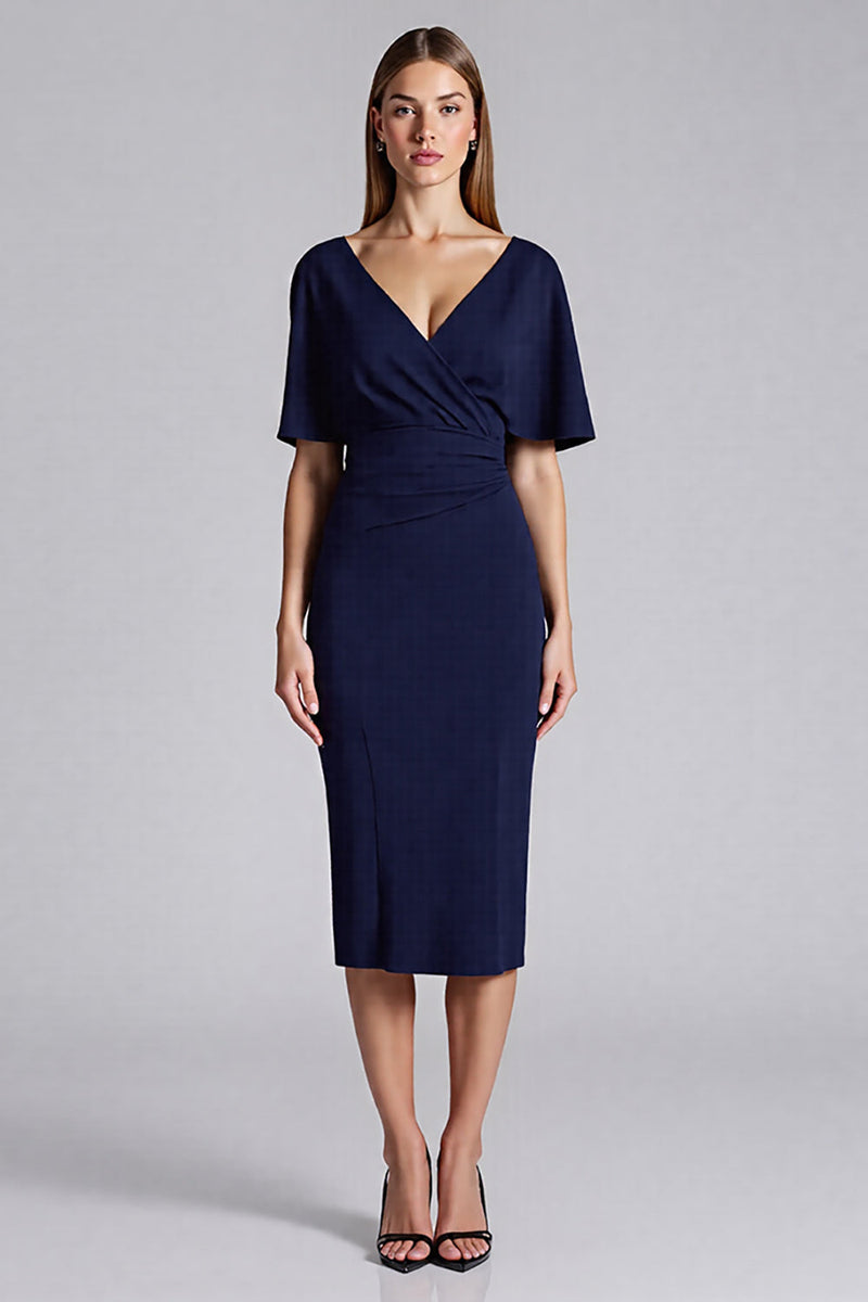 Laden Sie das Bild in den Galerie-Viewer, Marineblau Satin Bodycon V Ausschnitt Midi Formelle Kleid mit Rüschen