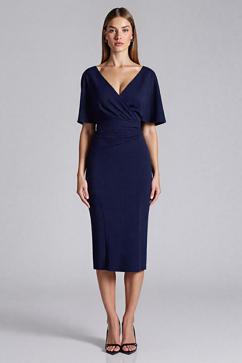 Marineblau Satin Bodycon V Ausschnitt Midi Formelle Kleid mit Rüschen