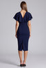 Laden Sie das Bild in den Galerie-Viewer, Marineblau Satin Bodycon V Ausschnitt Midi Formelle Kleid mit Rüschen