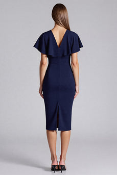 Marineblau Satin Bodycon V Ausschnitt Midi Formelle Kleid mit Rüschen