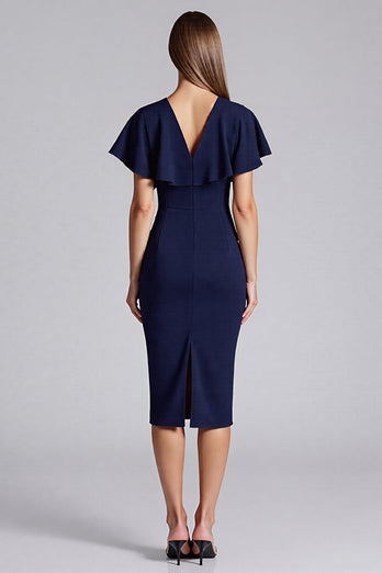 Marineblau Satin Bodycon V Ausschnitt Midi Formelle Kleid mit Rüschen