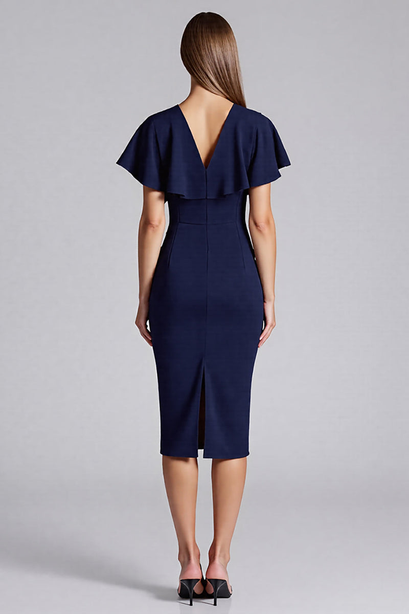 Laden Sie das Bild in den Galerie-Viewer, Marineblau Satin Bodycon V Ausschnitt Midi Formelle Kleid mit Rüschen