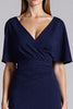 Laden Sie das Bild in den Galerie-Viewer, Marineblau Satin Bodycon V Ausschnitt Midi Formelle Kleid mit Rüschen