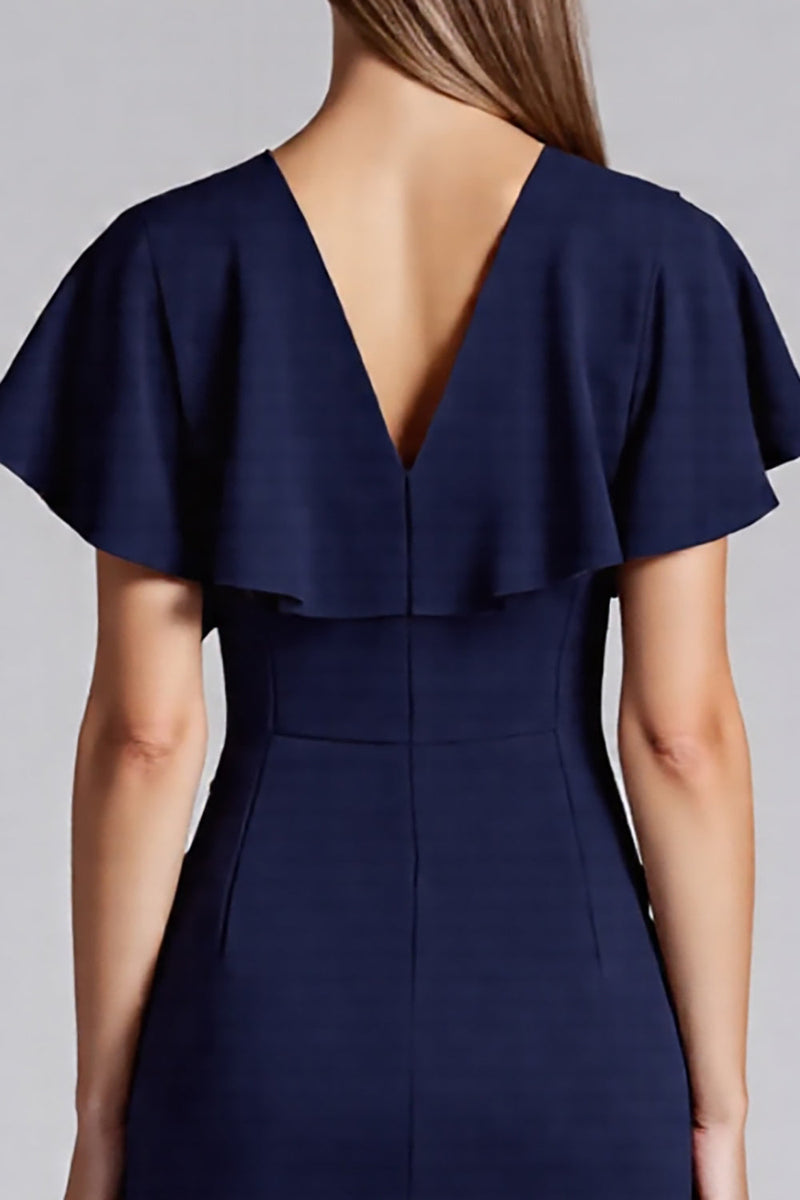 Laden Sie das Bild in den Galerie-Viewer, Marineblau Satin Bodycon V Ausschnitt Midi Formelle Kleid mit Rüschen