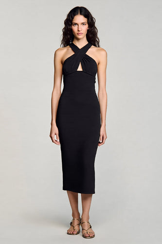 Schwarz Sheath Satin Neckholder Schlüsselloch Midi Formelle
