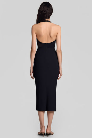 Schwarz Sheath Satin Neckholder Schlüsselloch Midi Formelle