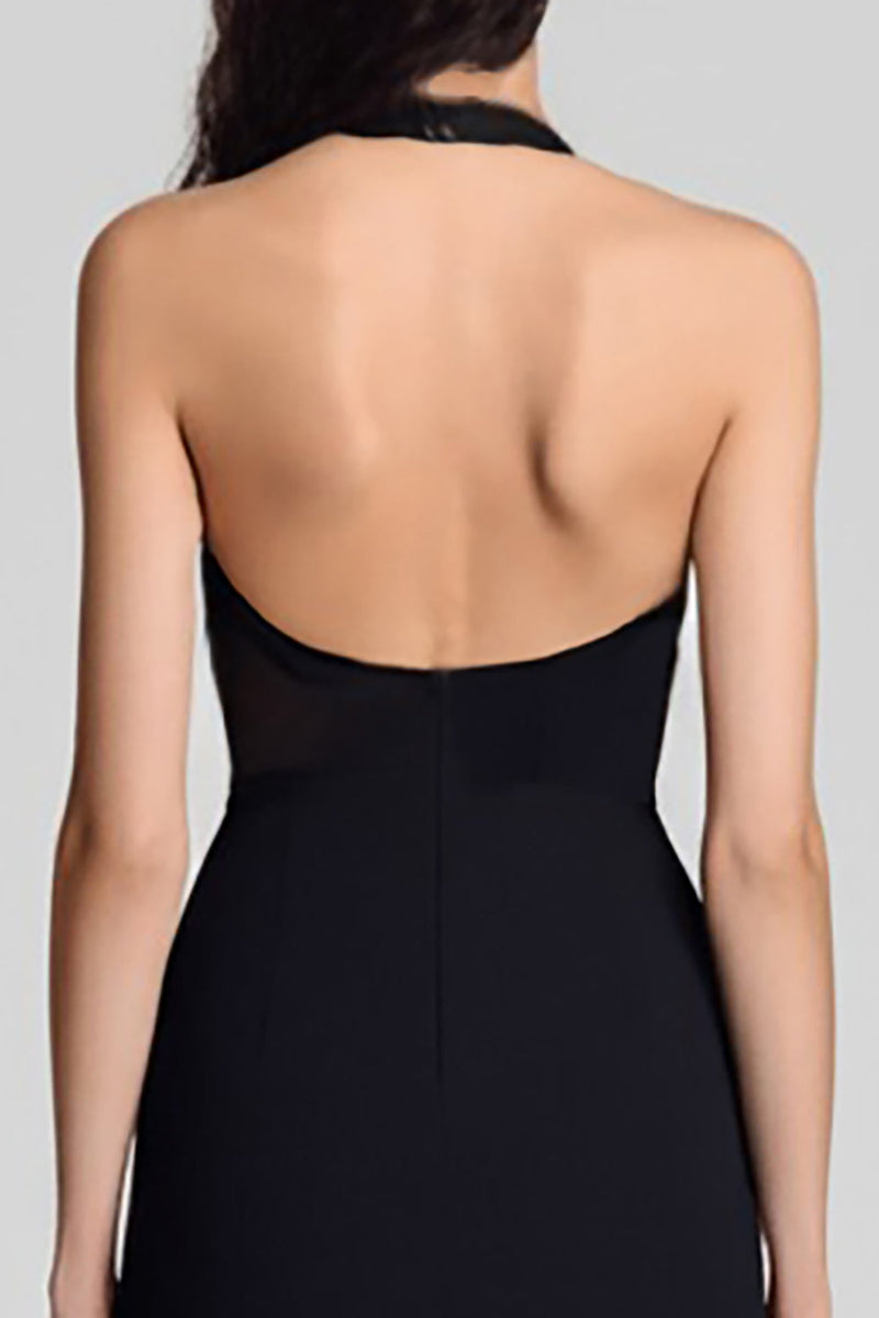 Laden Sie das Bild in den Galerie-Viewer, Schwarz Sheath Satin Neckholder Schlüsselloch Midi Formelle