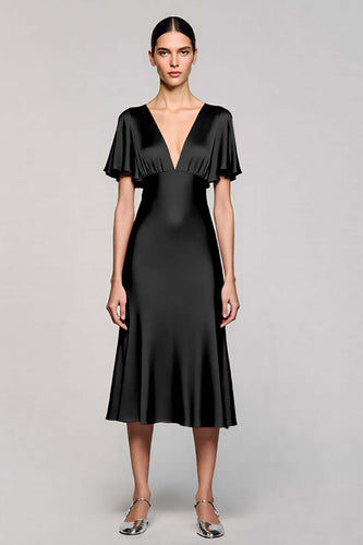 Schwarz A Linie V Ausschnitt Midi Satin Formelle Kleid mit Rüschen