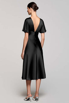 Schwarz A Linie V Ausschnitt Midi Satin Formelle Kleid mit Rüschen