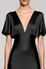 Laden Sie das Bild in den Galerie-Viewer, Schwarz A Linie V Ausschnitt Midi Satin Formelle Kleid mit Rüschen