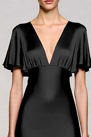 Schwarz A Linie V Ausschnitt Midi Satin Formelle Kleid mit Rüschen