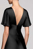 Laden Sie das Bild in den Galerie-Viewer, Schwarz A Linie V Ausschnitt Midi Satin Formelle Kleid mit Rüschen