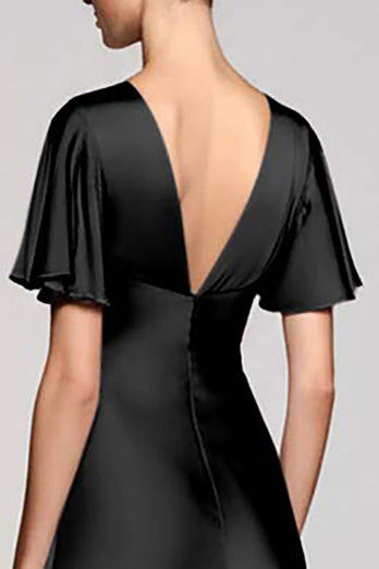 Schwarz A Linie V Ausschnitt Midi Satin Formelle Kleid mit Rüschen