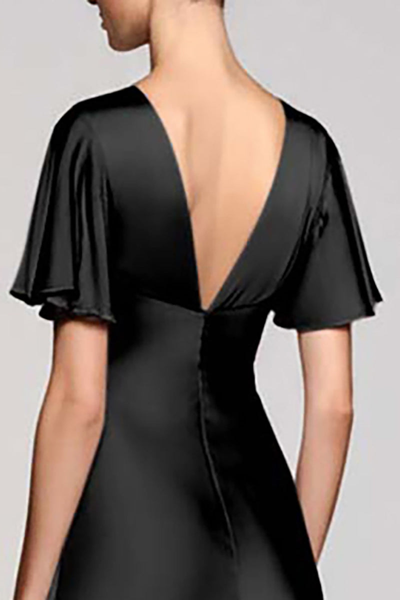 Laden Sie das Bild in den Galerie-Viewer, Schwarz A Linie V Ausschnitt Midi Satin Formelle Kleid mit Rüschen