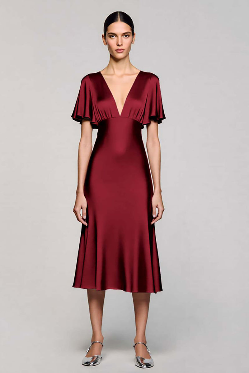 Laden Sie das Bild in den Galerie-Viewer, Schwarz A Linie V Ausschnitt Midi Satin Formelle Kleid mit Rüschen