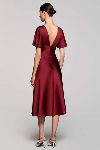 Schwarz A Linie V Ausschnitt Midi Satin Formelle Kleid mit Rüschen