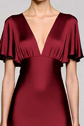 Schwarz A Linie V Ausschnitt Midi Satin Formelle Kleid mit Rüschen