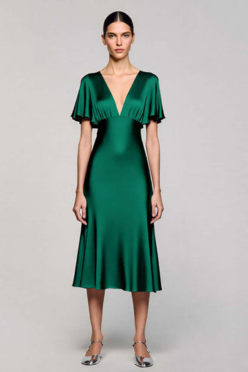 Schwarz A Linie V Ausschnitt Midi Satin Formelle Kleid mit Rüschen